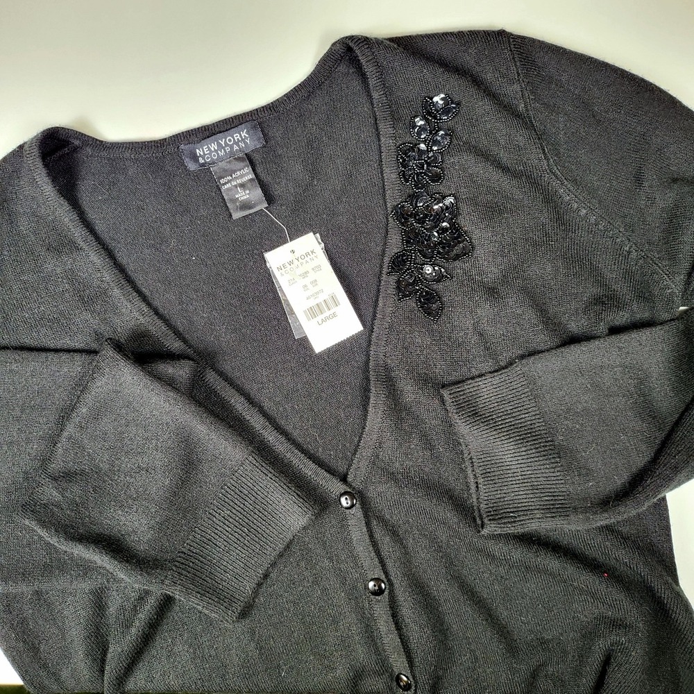 New York & Co Cardigan Feminine Beaded Sequin‎ Floral LG Button Front Black NWT
